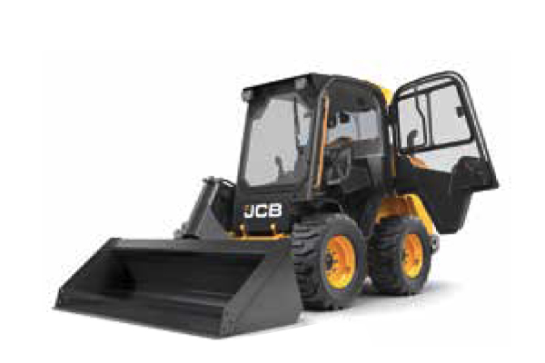 JCB Skid Steer machine with an open door and lowered shovel.
